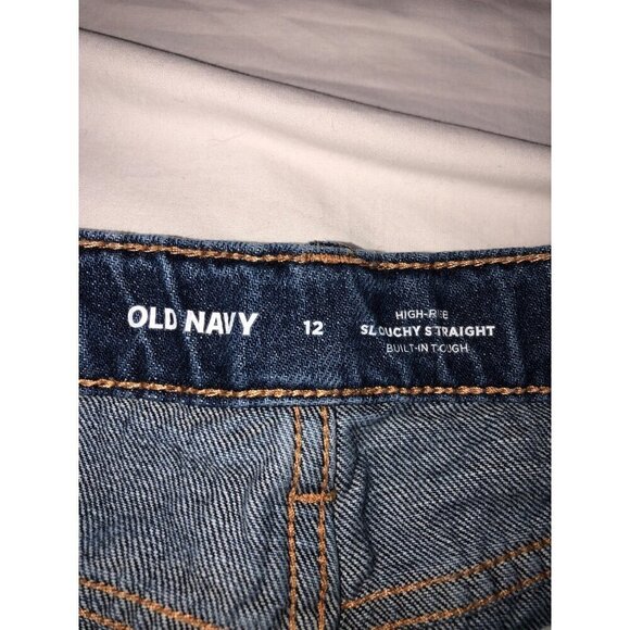 Old Navy High Rise Slouchy Straight Jeans Girls Size 12 Dark Wash Blue Distress - Picture 2 of 8